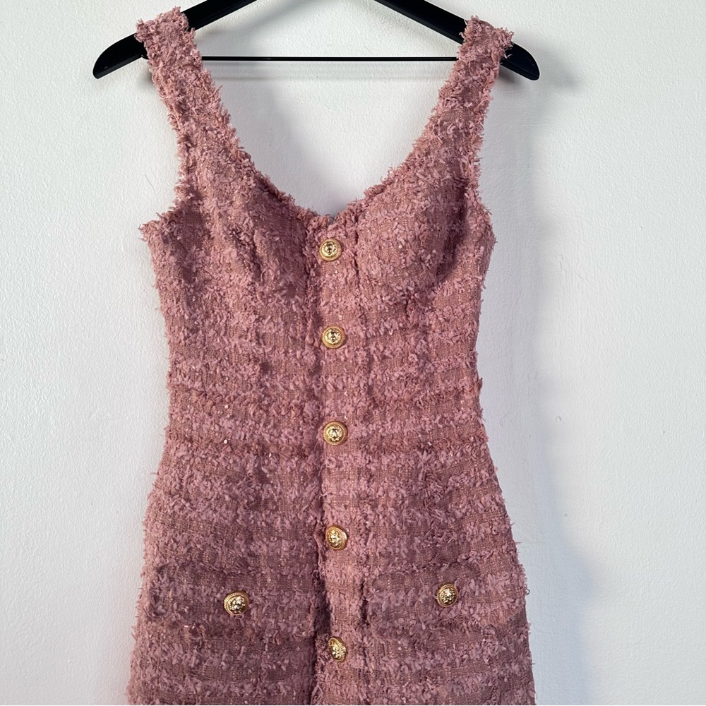 BALMAIN Strapped Short Dress Nude Tweed Buttons - Picture 5 of 12